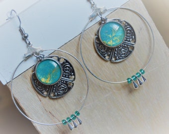 Silver duck blue earrings Silver turquoise blue hoop earrings Ring earrings Bohemian earrings