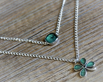 Green necklace Clover pendant Multi-strand necklace Green silver necklace 2-row chain necklace 4-leaf clover pendant necklace st patrick