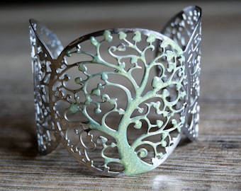 Silver Tree of Life Bracelet Silver Cuff Bracelet Green Bracelet Wide Bracelet Green Silver Bracelet