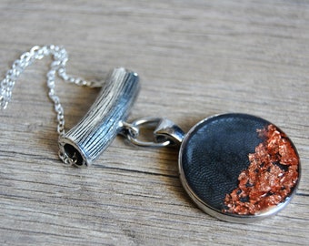 Long necklace silver black copper Necklace chain black pendant Necklace black bib copper leaves Long necklace round pendant