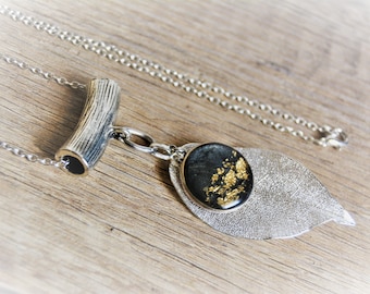 Silver Black Gold Necklace Necklace Chain Leaf Pendant Necklace Black Gold Leaf Necklace Long Leaf Pendant Necklace Large Leaf Nec klace