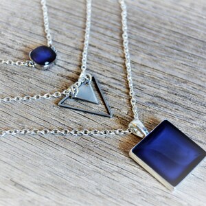Silver Chain Necklaces 3 Separate Chain Necklaces Royal Blue Pendant Dark Blue Geometric Pendant Necklace Layered Chain Necklaces