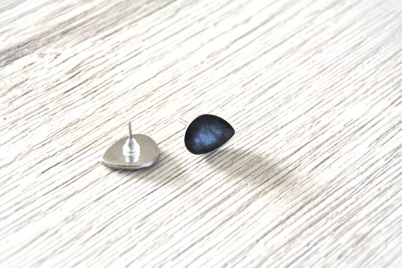 Stud earrings with black drops, minimalist cuffs, stainless steel image 9