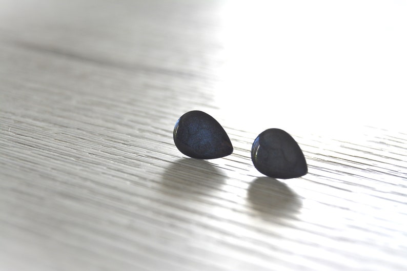 Stud earrings with black drops, minimalist cuffs, stainless steel image 10