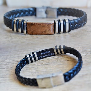 Brown man bracelet Braided leather man bracelet Black brown leather man bracelet Stainless steel man bracelet Text bracelet