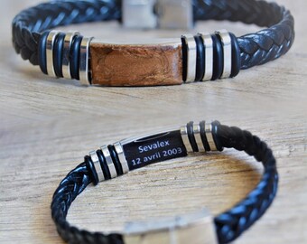 Brown man bracelet Braided leather man bracelet Black brown leather man bracelet Stainless steel man bracelet Text bracelet