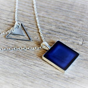 Silver Chain Necklaces 2 Separate Chain Necklaces Royal Blue Pendant Dark Blue Geometric Pendant Necklace Layered Chain Necklaces