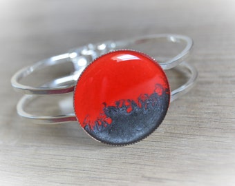 Red black bracelet Large silver black red bracelet Black red onyx cuff bracelet Red black silver bracelet marbled