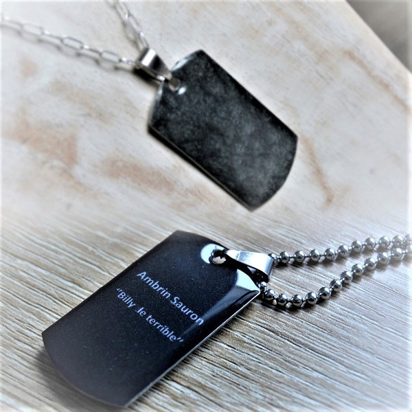 Chaîne plaque militaire personnalisée noir ébène Collier homme pendentif soldat US militaire acier inoxydable gravure texte au dos