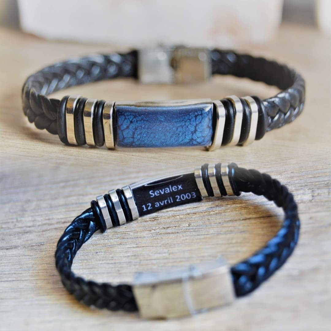 Blue Man Bracelet Braided Leather Man Bracelet Black Blue Leather