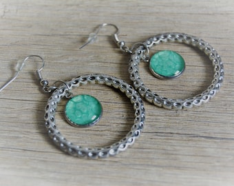 Green earrings Green silver hoop earrings Emerald green round earrings