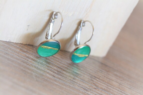 Boucles D'Oreilles Pendantes Vertes Et Argenté - Dormeuses En Inox, Fait Main En France