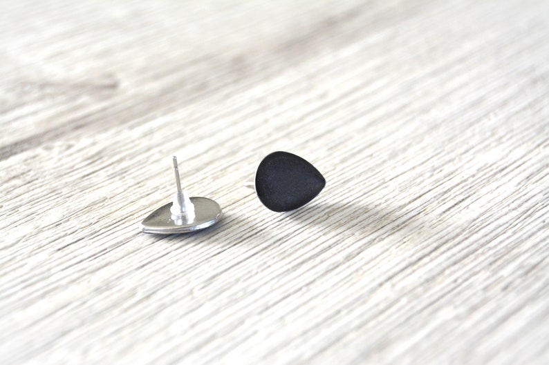 Stud earrings with black drops, minimalist cuffs, stainless steel image 2