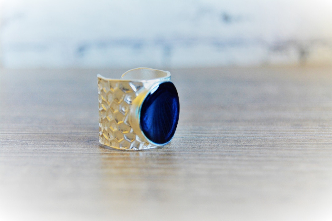 Bague large martelée argent bleu nila du maroc indigo ajustable