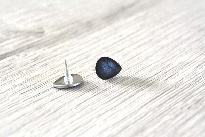 Stud earrings with black drops, minimalist cuffs, stainless steel image 4