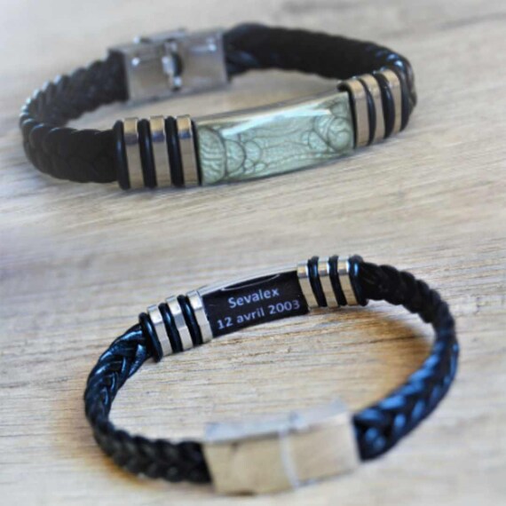 Personalized men's bracelet black braided leather central gray moonstone  stainless steel