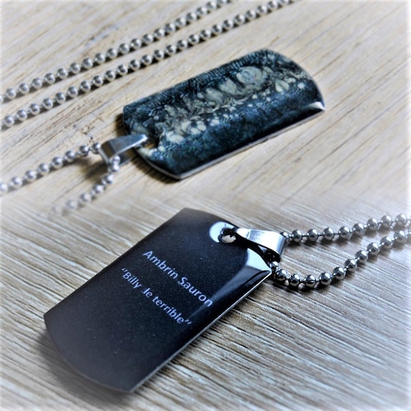 Chaîne plaque militaire personnalisée noir gris Collier homme pendentif soldat US militaire acier inoxydable gravure texte au dos