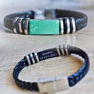 Personalized text first name bracelet Men's black braided leather bracelet with emerald green plate