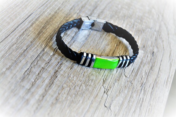 Neon Green Men's Bracelet Black Leather Men's Bracelet Braided