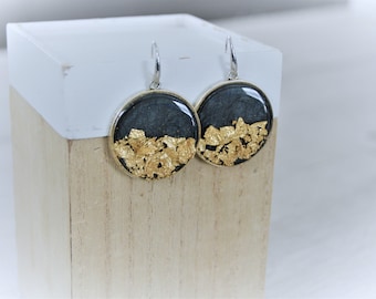 Round black gold earrings Silver dangling earrings Gold leaf geometric earrings
