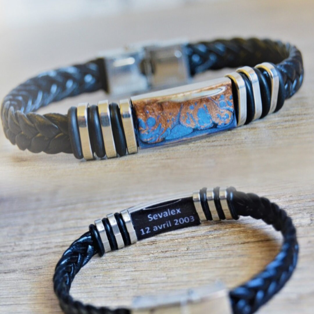 Personalized Men's Bracelet Blue Brown Braided Leather Black Leather