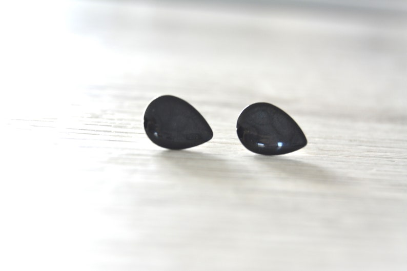 Stud earrings with black drops, minimalist cuffs, stainless steel image 8