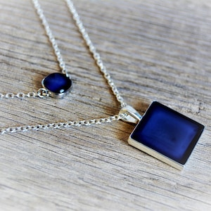 Silver Chain Necklaces 2 Separate Chain Necklaces Royal Blue Pendant Dark Blue Geometric Pendant Necklace Layered Chain Necklaces