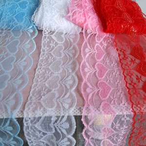 Dentelle rose, dentelle rouge, dentelle bleue, dentelle coeurs, dentelle fine, dentelle polyester, coeurs, dentelle au mètre, 7,50 cm large.