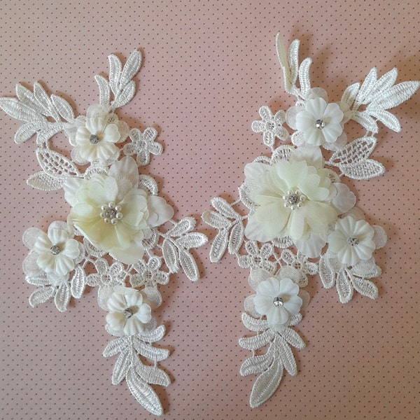 Appliques fleurs dentelle, par 2, fleurs à coudre, fleurs ivoire, applique fleur, robe de mariée, mariage, shabby chic, 20 cm de large.