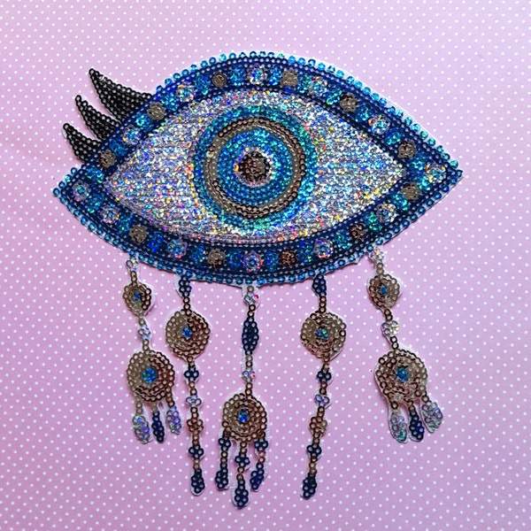 Oeil en sequins, oeil thermocollant, patch oeil bleu, oeil, sequins, écusson à coller, écusson sac, customisation jean, 17,00 cm de hauteur.