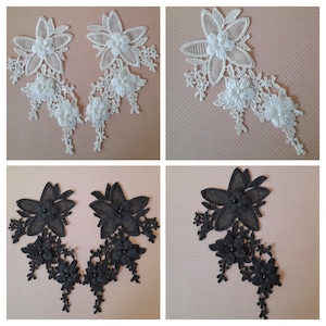 White flower appliques, black lace appliques, by 2 appliques, flowers to sew, wedding dress, shabby chic, 20.50 cm wide.