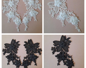 Appliques fleurs blanches, appliques dentelle noires, par 2 appliques, fleurs à coudre, robe de mariée, shabby chic, 20,50 cm de large.