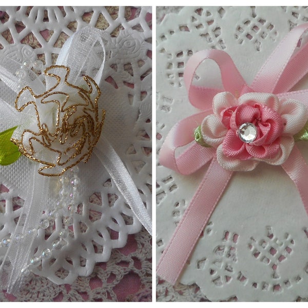 Noeuds satin rose, par 2, noeuds satin blanc, fleur satin rose, shabby chic, strass en verre, mariage, headband, baptême, barrettes mariage.