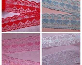 Dentelle rose, dentelle rouge, dentelle bleue, dentelle coeurs, dentelle fine, dentelle polyester, coeurs, dentelle au mètre, 7,50 cm large.