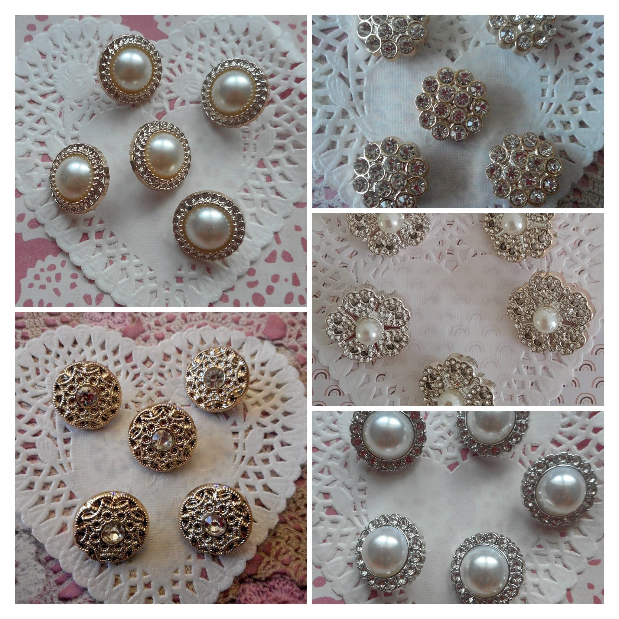 Light gold round buttons, set of 5 buttons, silver buttons, acrylic buttons, pearl buttons, wedding dress buttons, sewing buttons, shabby chic.