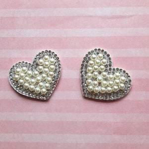 Heart patches, by 2 hearts, sewing patches, rhinestone heart, pearl hearts, customization, wedding dress, headband, 3.60 cm high.