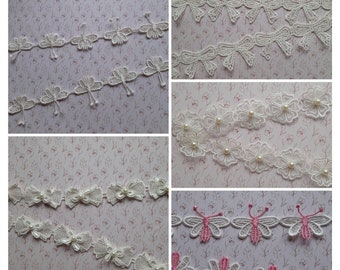 Farfalle di pizzo, fiocchi di pizzo, fiocchi bianchi, farfalle rosa, fiori di organza, shabby chic, matrimonio, larghezza 4 cm o 5,50 cm.