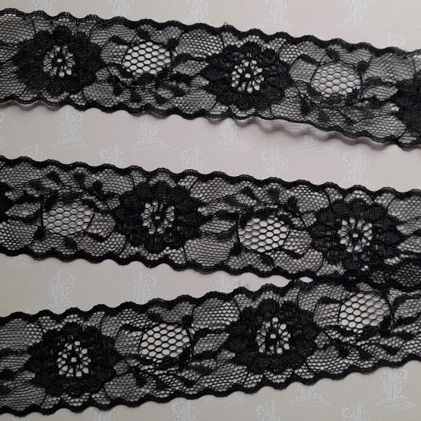 Dentelle noire, dentelle fine, dentelle polyester, dentelle au mètre, shabby chic, lingerie, fleurs, couture, dentelle, 3,80 cm de largeur.