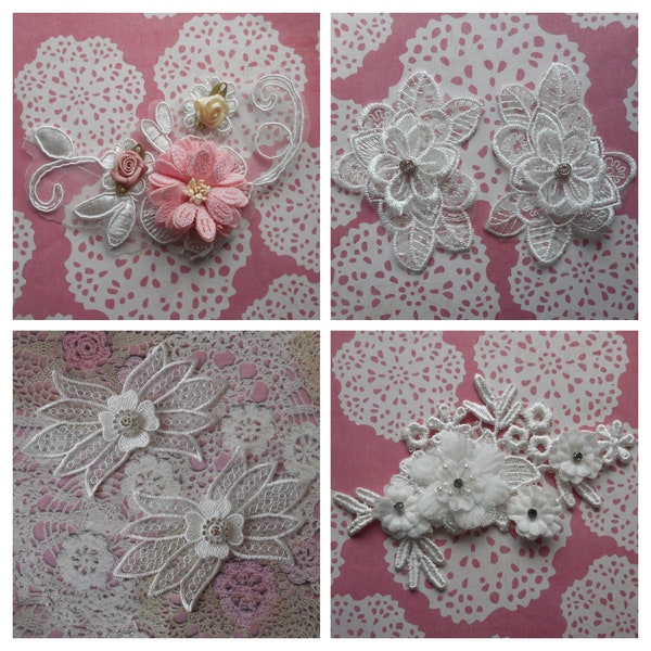 Fleurs en dentelle, fleurs blanches, fleur organza, strass en verre, shabby chic, appliques robe de mariée, mariage, voile de mariée.