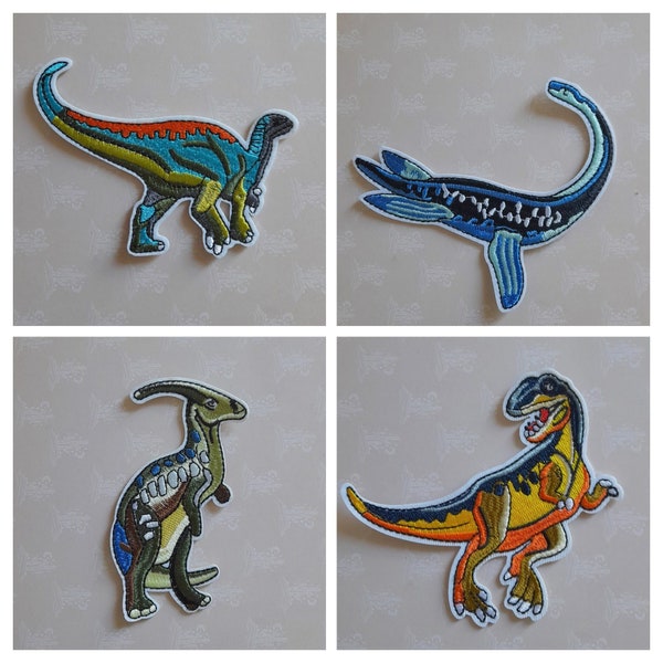 Dinosaures thermocollants, patchs dinosaures, écussons dinosaures, dinosaures à coller, customisation vêtements, jeans, dinosaures en tissu.