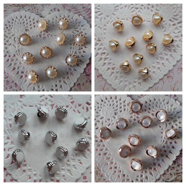 Boutons ronds, par 10 boutons, boutons coeurs, boutons doré, cabochon blanc, bouton à queue, couture, boutons perle, mariage, 12 et 13 mm.