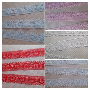 Dentelle blanche, dentelle rouge, dentelle fine, dentelle bleu ciel, shabby chic, lingerie, dentelle au mètre, 4,00 cm et 4,50 cm de large.