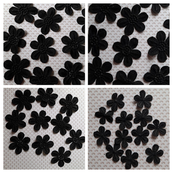 Fleurs noires, par 10 ou 12 fleurs, fleurs en tissu, fleurs polyester, fleurs pour headband, scrapbooking, fleurs à coudre, fleurs à coller.