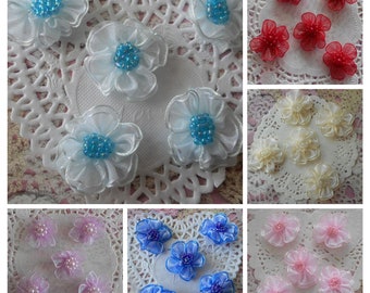 Fleurs en organza, par 10 fleurs, fleurs bleues, fleurs roses, perles en verre, shabby chic, mariage, couture, 2,50 cm de diamètre.