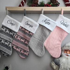 Personalised Christmas stocking embroidered, Pink & Grey knit, patterned reindeer stocking, abstract, polka dot, Nordic,mixed stripes