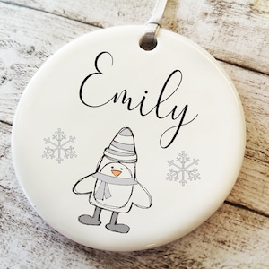Personalised Grey penguin bauble, Christmas Ornament with names , Holiday Decor, Christmas Gift Keepsake