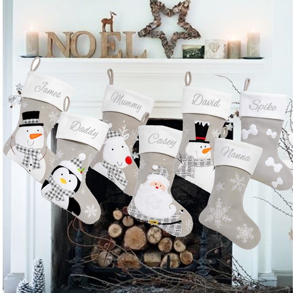 Personalised Christmas stocking embroidered, grey stocking, first christmas, personalised stocking, name stocking, christmas gift, snowflake