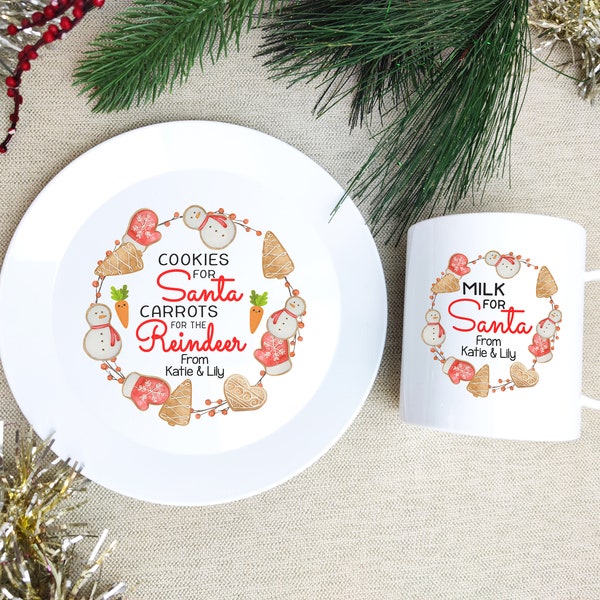 Personalised Milk & Cookies Plate and cup for Santa and Carrots for Reindeer. Personalised Santa plate for Christmas Eve