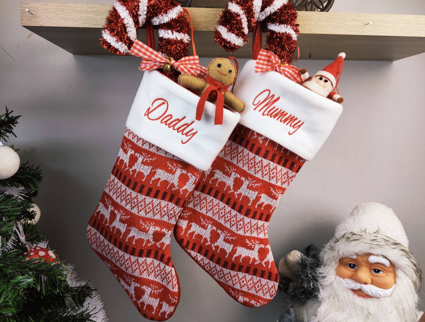 Personalised Christmas Stocking Embroidered, Red White & Grey, Traditional Knit Stocking, Patterned, Gonk Gnome, Matching Family Stockings