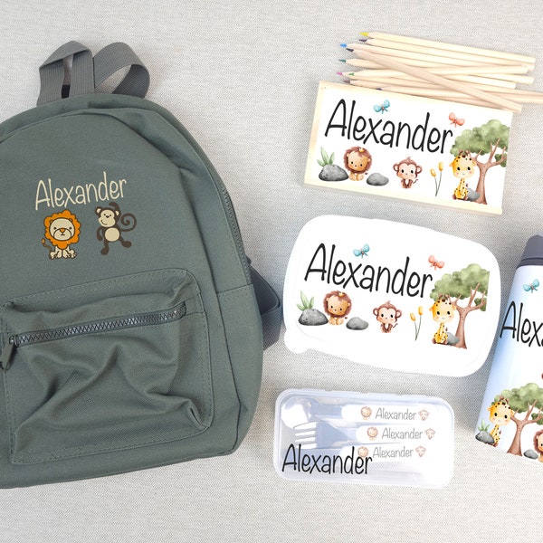 Back to School embroidered backpack bundle with personalised water bottle, pencil box, backpack, cutlery set and  lunchbox - Jungle Safari